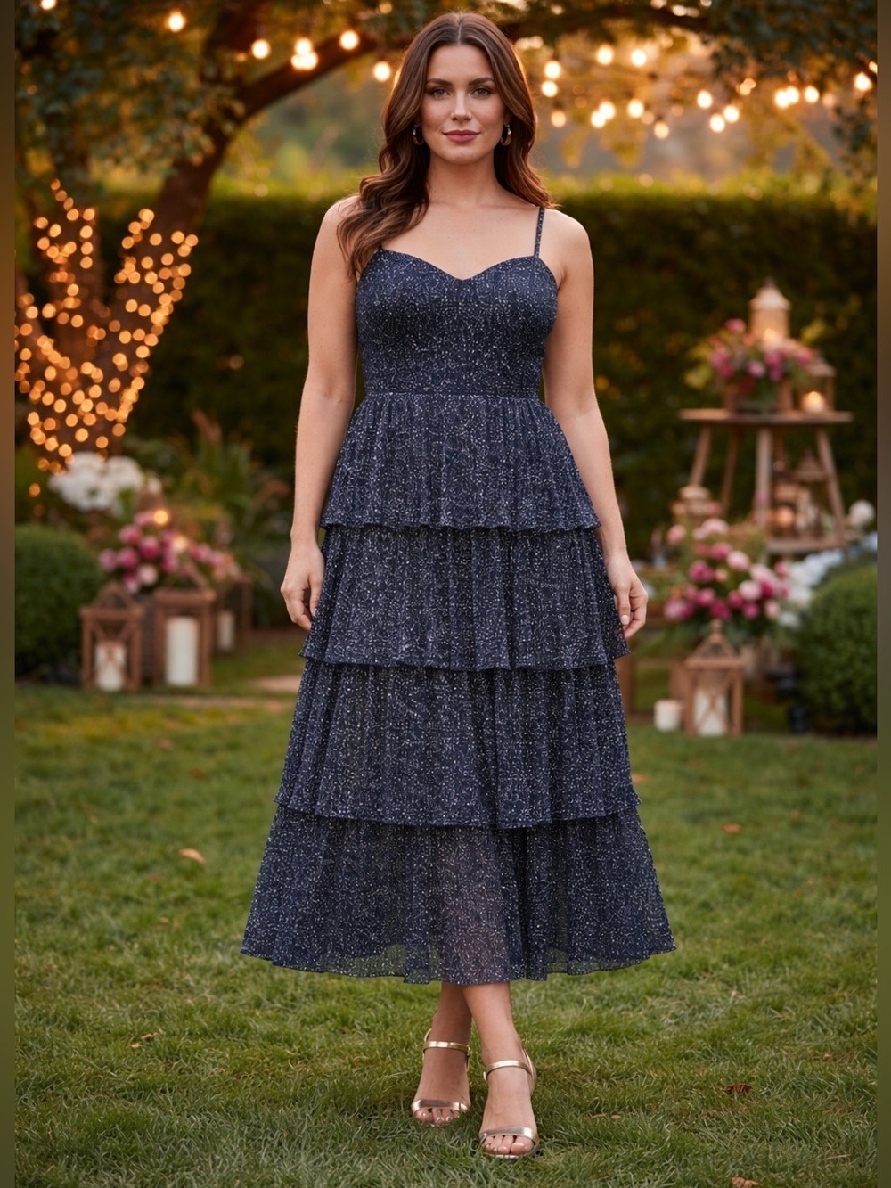 Siena Navy Gold Metallic Tiered Maxi Dress New With Tags Size 14 Shimmer Gown - Picture 1 of 17